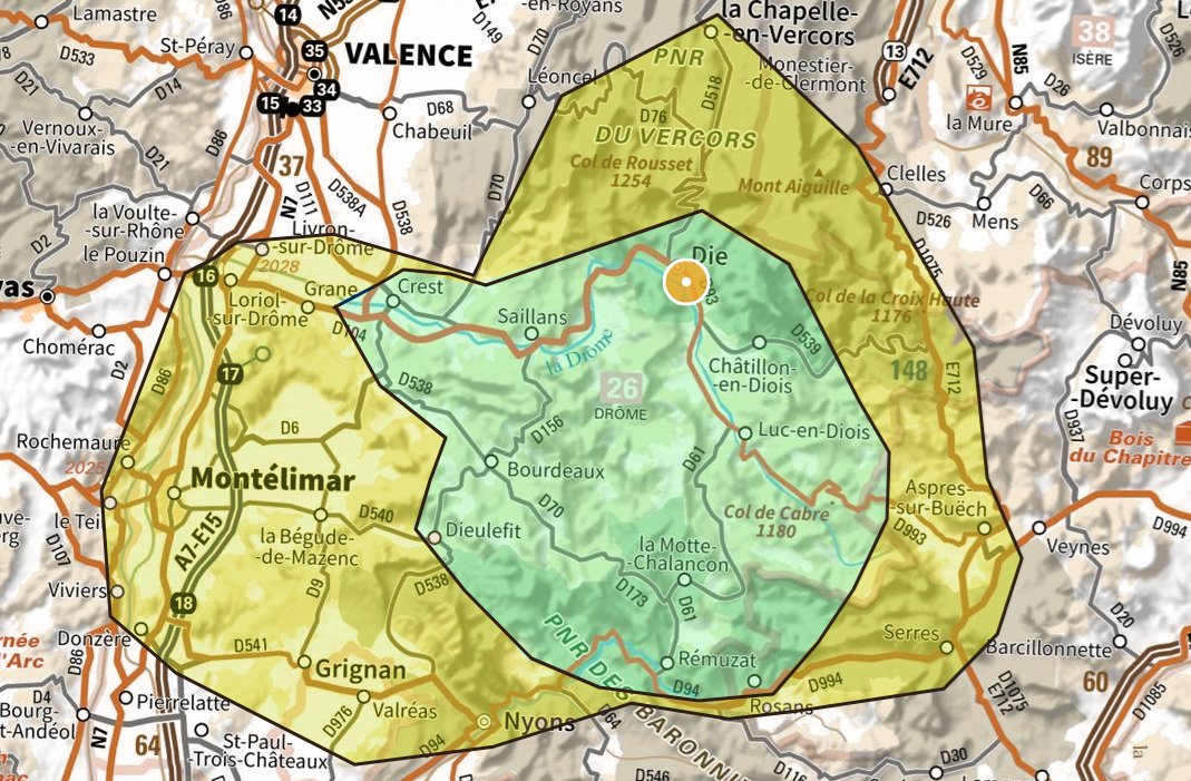 Carte de la zone d'intervention, Drôme et Hautes-Alpes autour du Diois